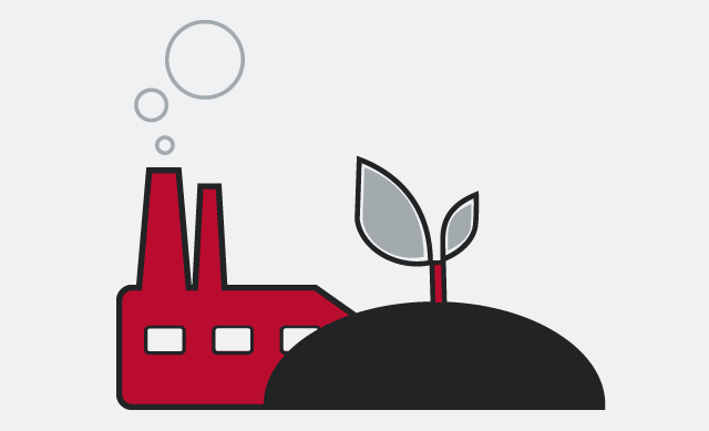 Graphic of building in red and sprout in gray with black mound