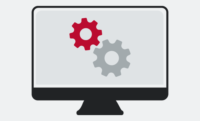 Graphic of computer screen with gray and red spoke gears