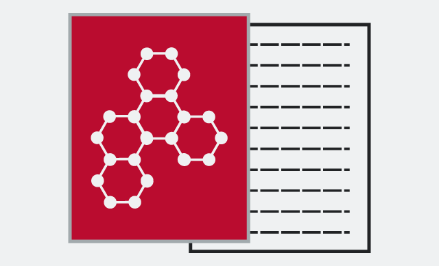 Graphic of molecular graphic on red paper and other white paper behind