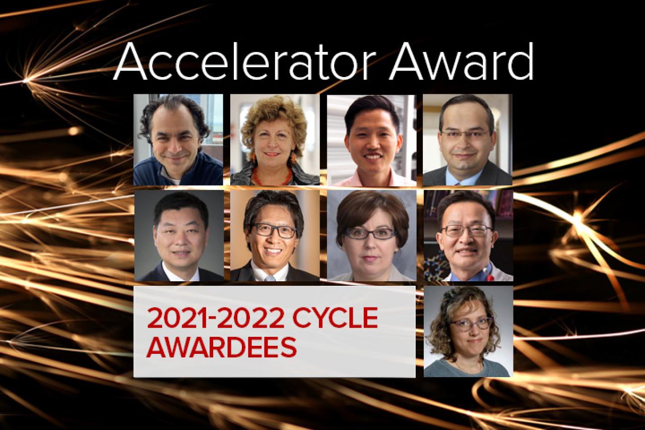 Image of all accelerator award winners with black background and yellow spark
