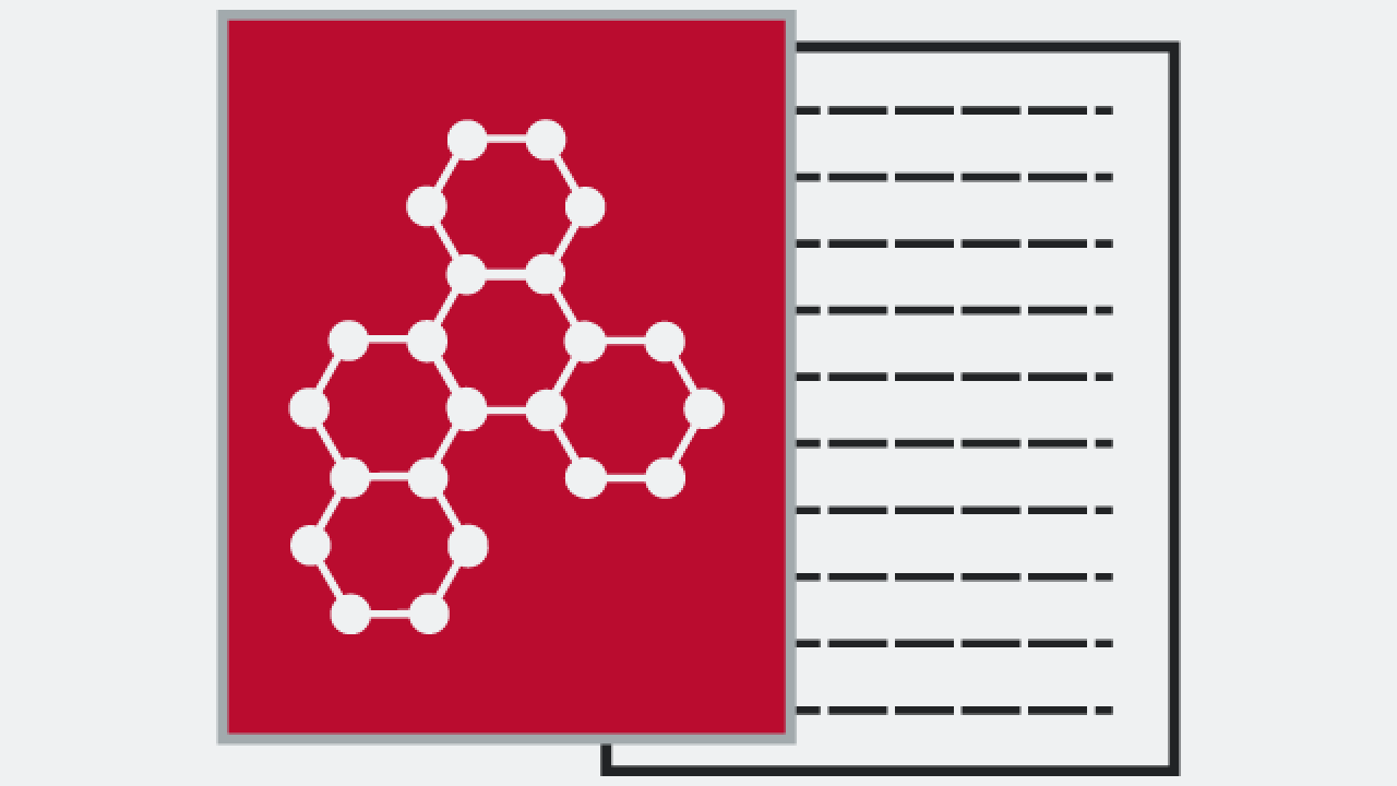 Graphic of molecular graphic on red paper and other white paper behind