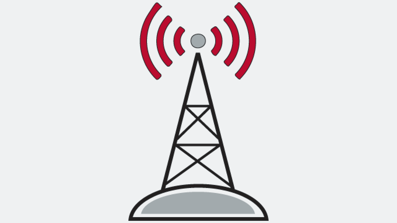 Graphic image of cell tower in gray and signals in red