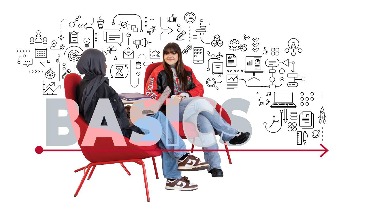 Two female college students in red chairs with icons behind them representing a startup business